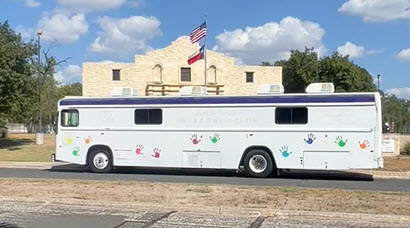 Blood donation bus in front of Alamo in San Antonio, Texas