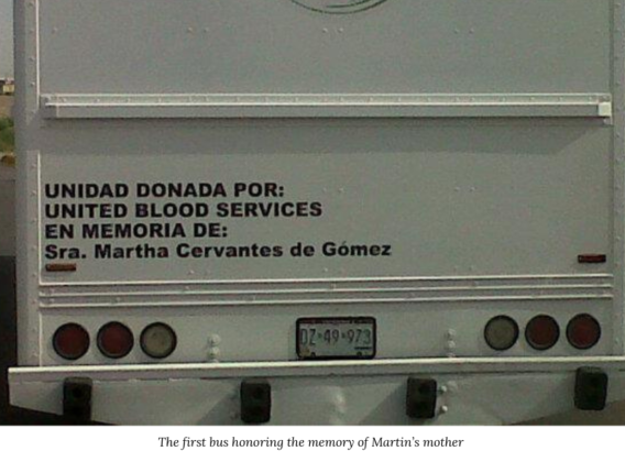 Blood donation bus with name of Martin's mother